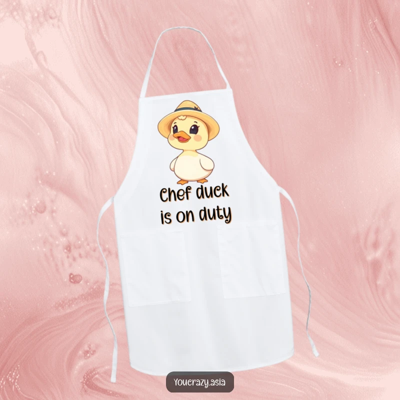 Funny apron print of a curious duck in a small straw hat, looking upwards while ready to cook or bake.