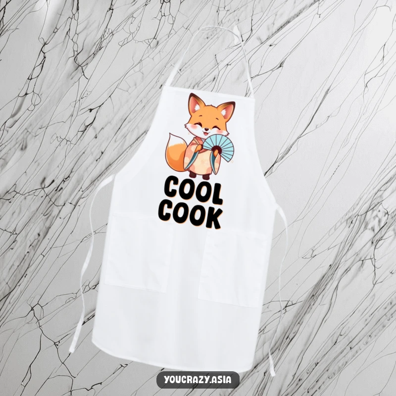 Funny apron showing a happy fox in a patterned kimono, elegantly holding a beautiful fan while cooking.