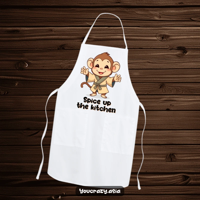 Funny apron showing a happy monkey in a small robe, joyfully doing a jig while cooking.