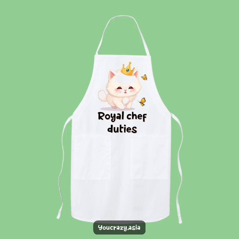 Funny Royal Cat Apron: Chef Kitty's Crowned Butterfly Chase, Kitchen Humor, Perfect Funny Gift