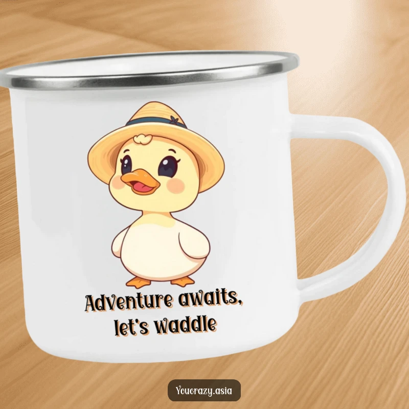 Funny camping mug with a curious duck wearing a miniature straw hat, looking upwards during an outdoor adventure.