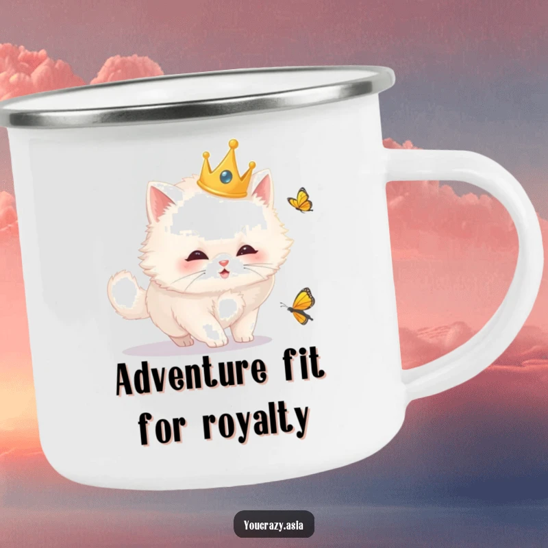 Funny cat camping mug featuring a fluffy white cat with a golden crown, chasing a butterfly, perfect for outdoor enthusiasts and humor lovers.