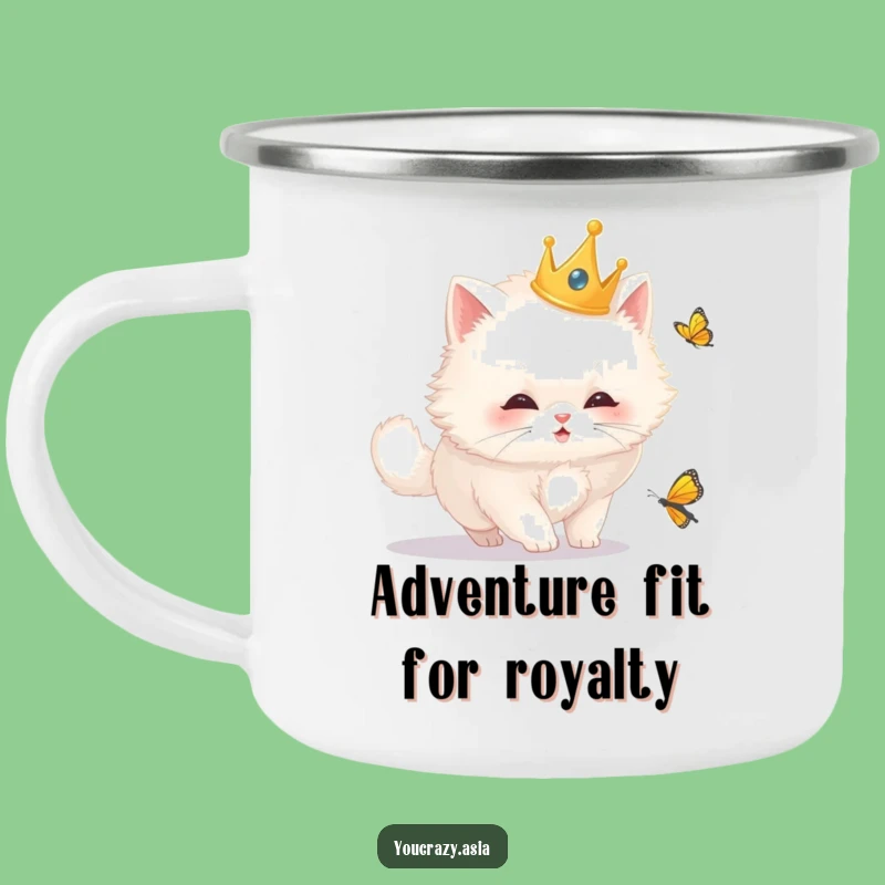 Funny Royal Cat Camping Mug: Rugged Crowned Kitty Butterfly Chase Adventure, Hilarious Outdoor Gift