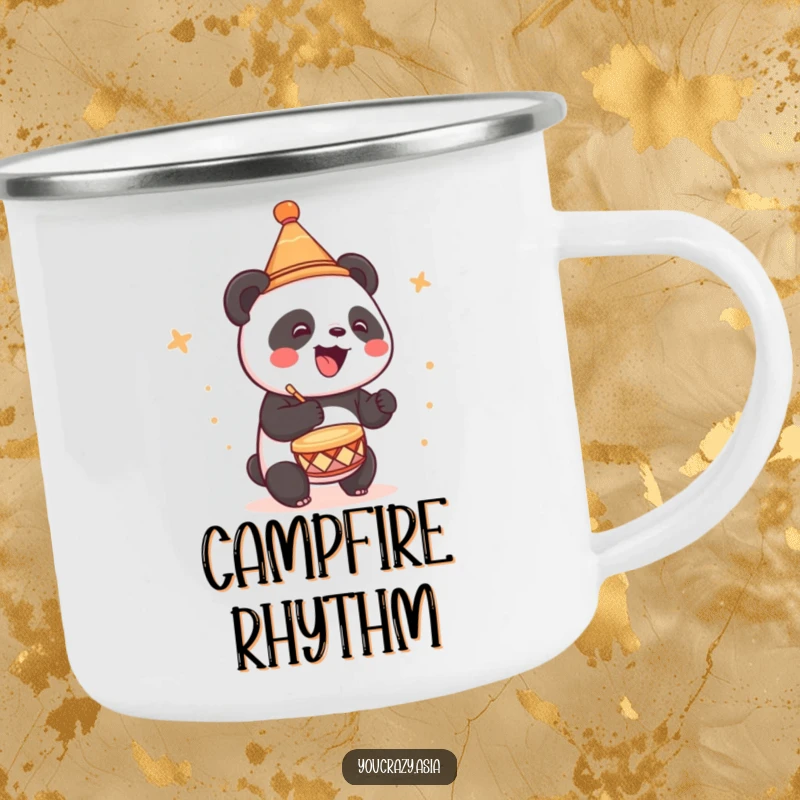 Funny camping mug with a cute panda in a small conical hat, joyfully drumming, perfect for travel.