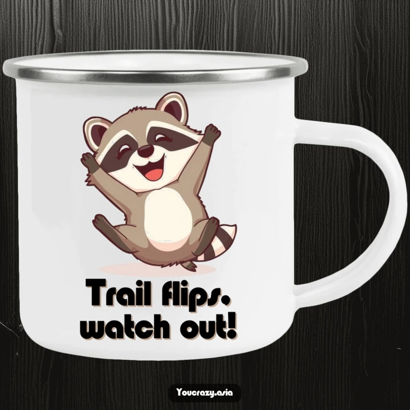 Funny Raccoon Dog Camping Mug: A mischievous raccoon dog with a happy grin attempts a somersault, making your outdoor drinks more humorous and fun.