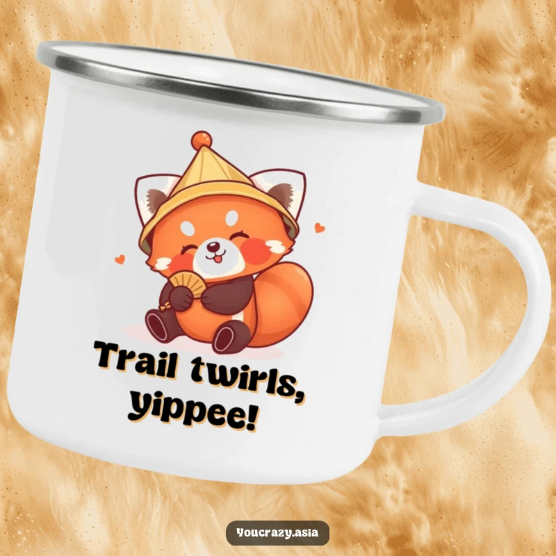 Funny Red Panda Hat Camping Mug: A playful red panda in a conical hat tumbles with a tiny fan, making your outdoor drinks more enjoyable and humorous.