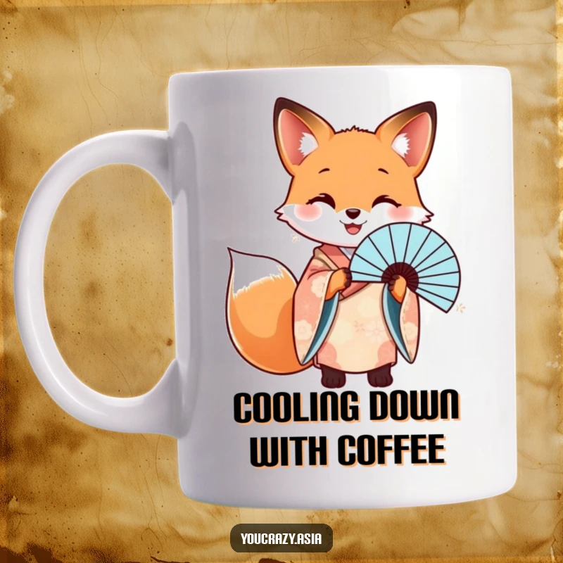 Funny mug featuring a happy fox in a patterned kimono, elegantly holding a beautiful fan, exuding charm.