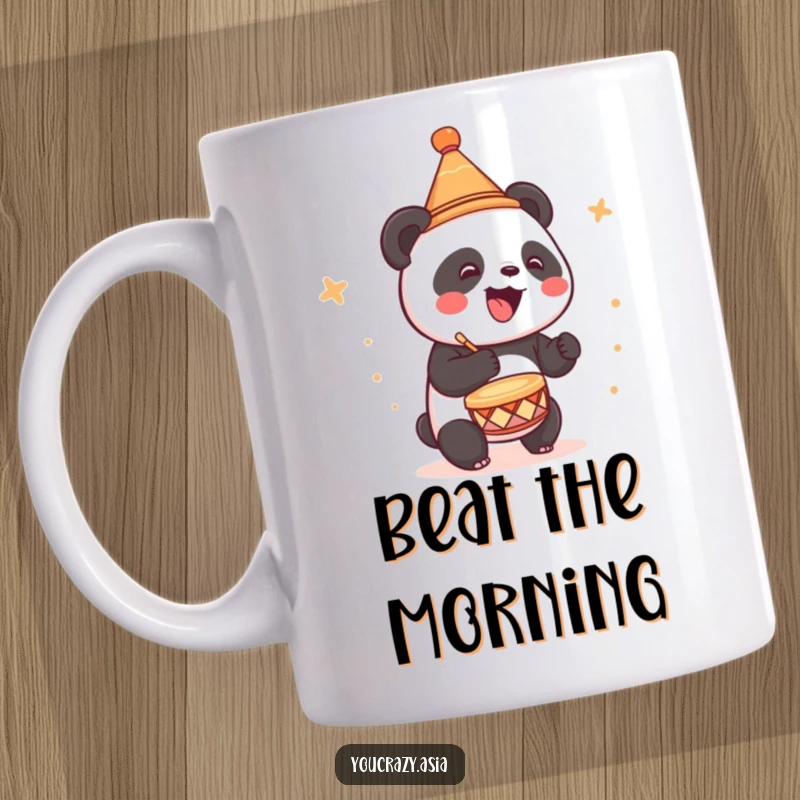 Funny mug featuring a cute panda wearing a tiny conical party hat, joyfully drumming with enthusiasm.