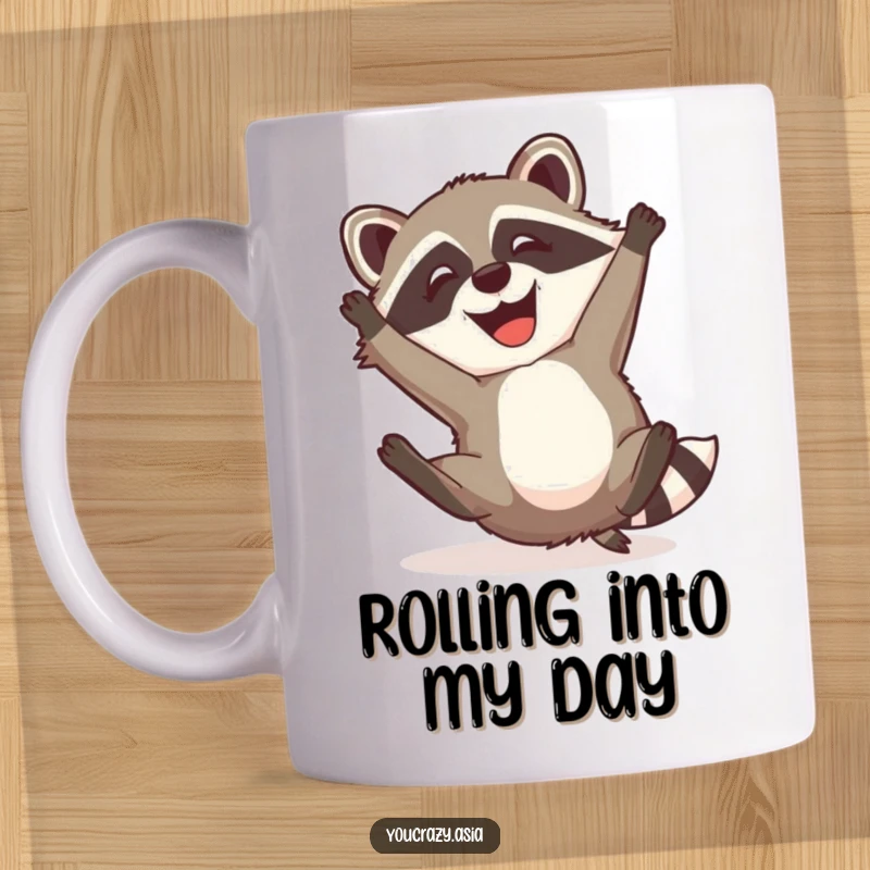 Funny Raccoon Dog Mug: A mischievous raccoon dog with a happy grin attempts a somersault, radiating playful energy and a touch of tumbling fun.