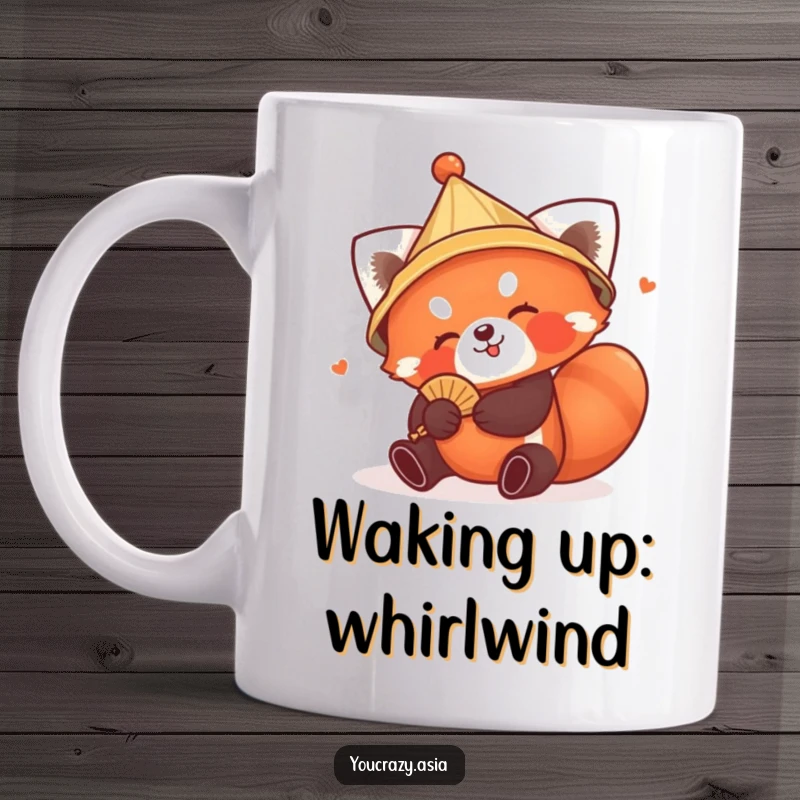 Funny Red Panda Hat Mug: A playful red panda wearing a conical hat tumbles with a tiny fan, radiating pure joy and mischievous fun.