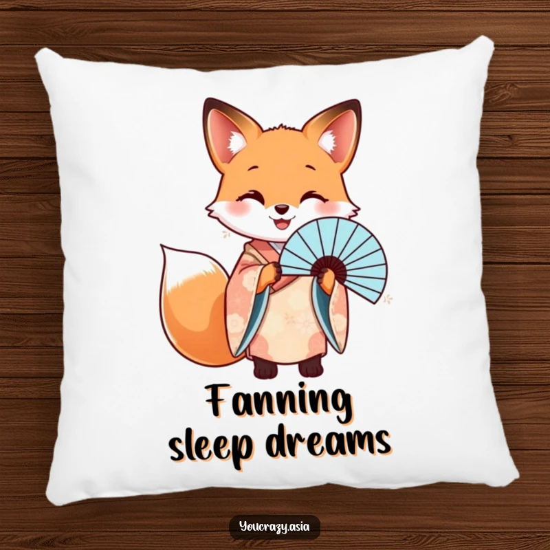Funny pillow featuring a happy fox in a patterned kimono, elegantly holding a beautiful fan.