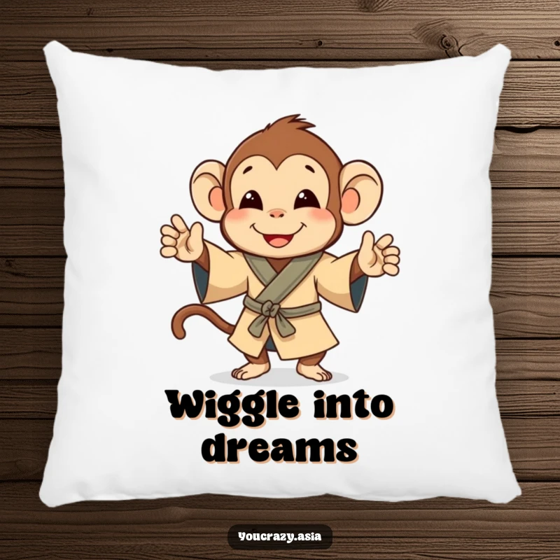 Funny pillow featuring a playful monkey in a small robe, happily doing a cute jig.