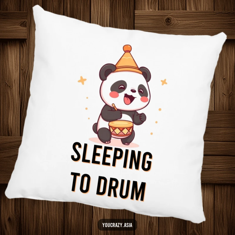 Funny pillow featuring an adorable panda in a tiny party hat, joyfully drumming a happy tune.