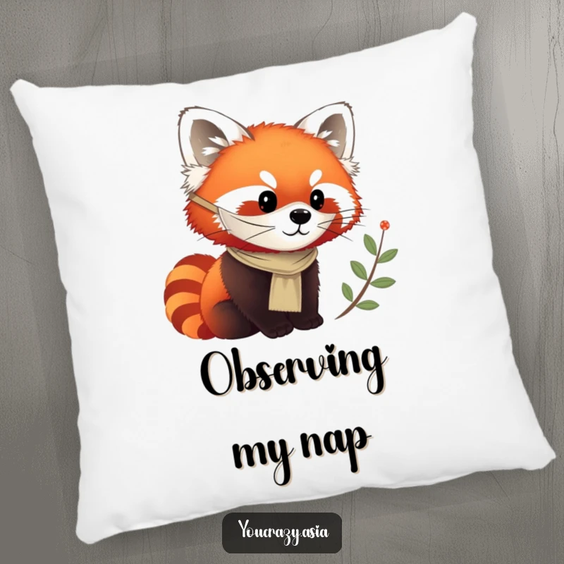 Funny pillow featuring a chirpy red panda in a silken mask, curiously observing with charm.
