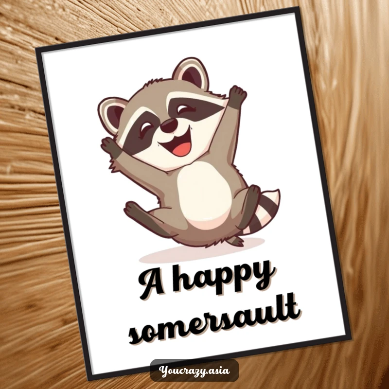 Funny Raccoon Dog Digital Art Print: A mischievous raccoon dog with a happy grin attempts a somersault, offering instant joy and humorous appeal.
