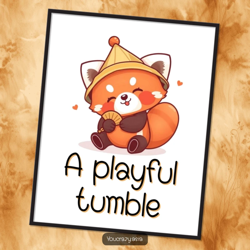 Funny Red Panda Hat Digital Art Print: A playful red panda in a conical hat tumbles with a tiny fan, offering instant joy and humorous appeal.