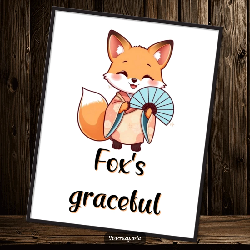 Funny digital art print of a happy fox in a patterned kimono, elegantly holding a beautiful fan.