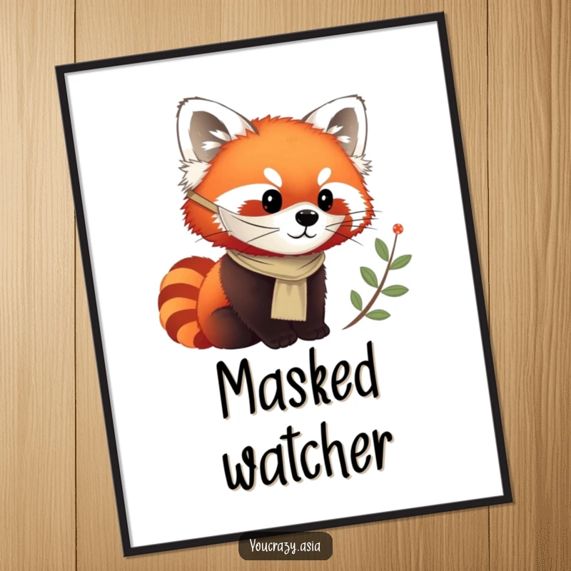 Funny digital art print of a chirpy red panda wearing a silken mask, curiously observing.