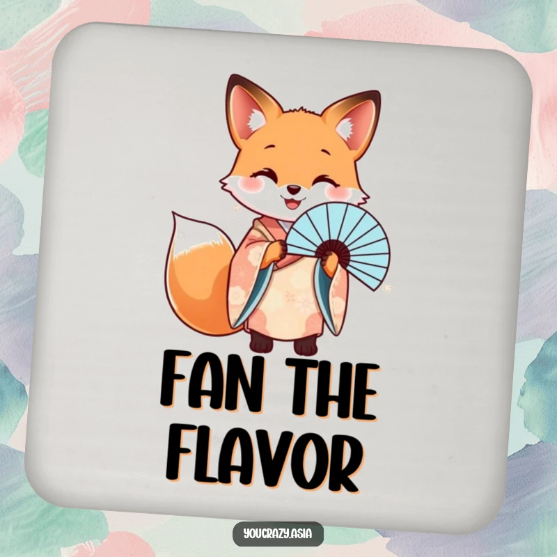 Funny coaster showcasing a happy fox in a patterned kimono, elegantly holding a beautiful fan.