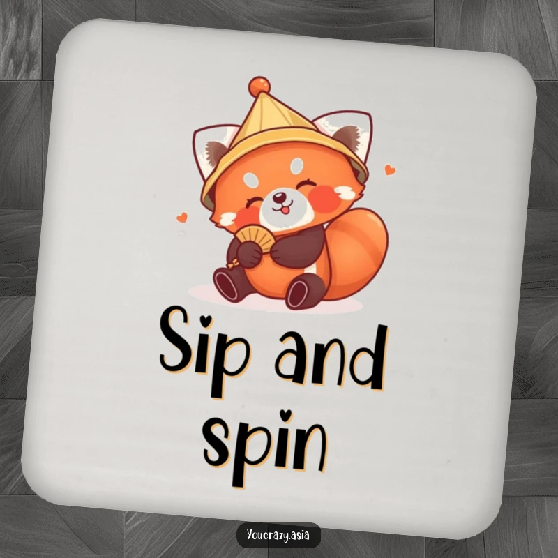 Funny Red Panda Hat Coaster: A playful red panda in a conical hat tumbles with a tiny fan, adding a humorous and protective element to your drinks.