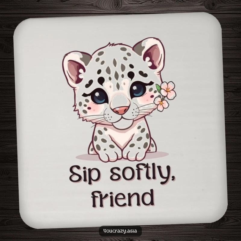 Funny snow leopard drink coaster featuring a shy leopard peeking out with a delicate flower, protecting surfaces with understated humor.