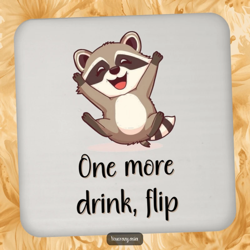Funny Raccoon Dog Coaster: A mischievous raccoon dog with a happy grin attempts a somersault, adding a humorous and protective element to your drinks.