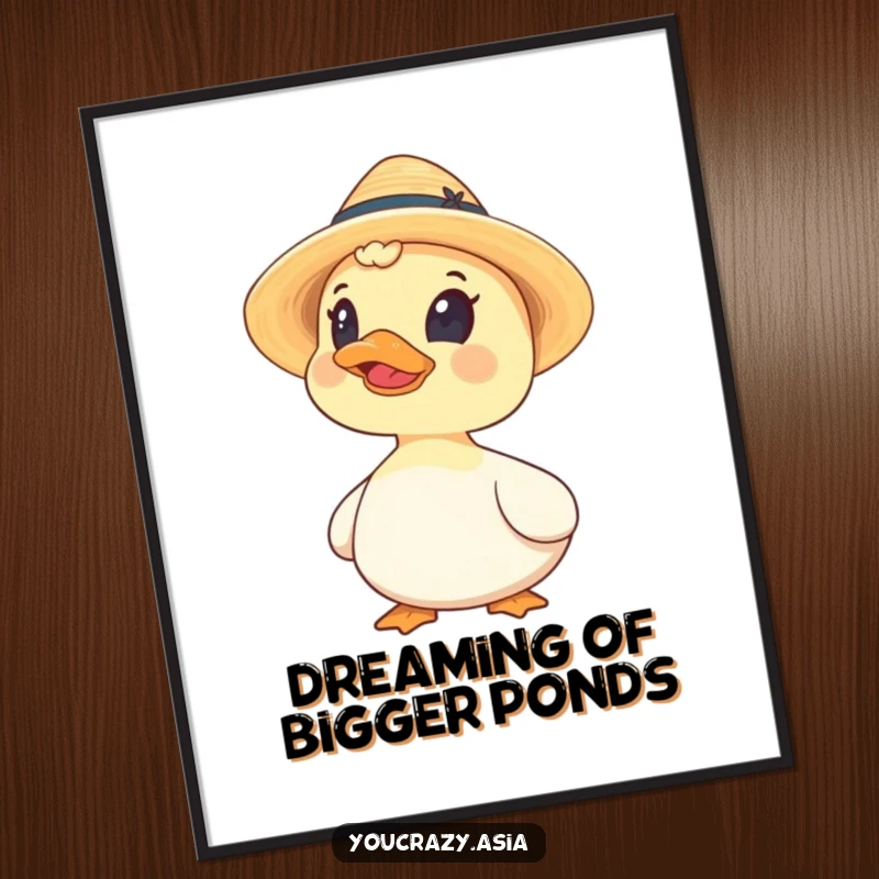 Funny poster showcasing a curious duck wearing a small, stylish straw hat, looking upwards with an inquisitive and humorous gaze.