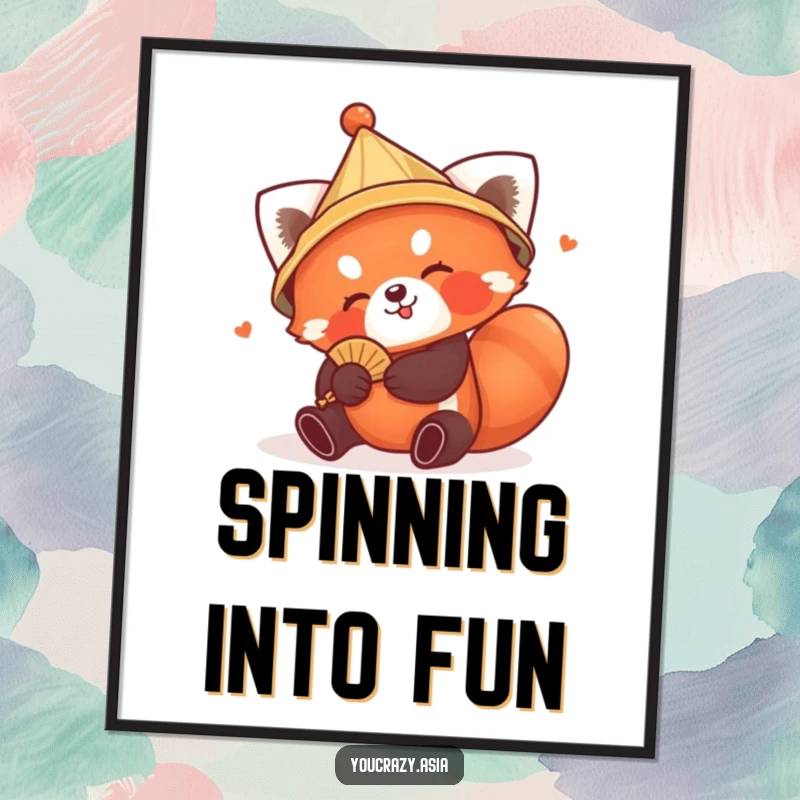 Funny Red Panda Hat Poster: A playful red panda in a conical hat joyfully tumbles with a tiny fan, adding a whimsical touch to any room.