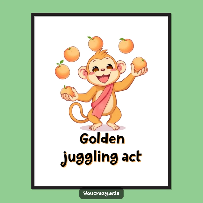 Funny Juggling Monkey Poster - Cheerful Peaches Art for a Humorous Gift