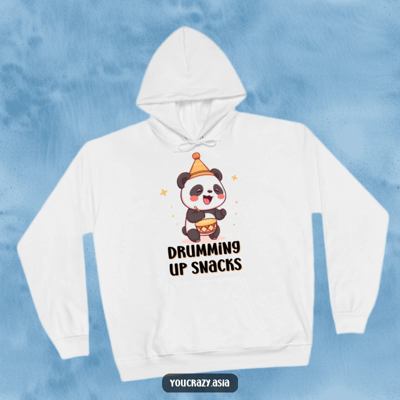 Funny hoodie featuring a happy panda in a small conical hat, joyfully drumming, perfect for music lovers.