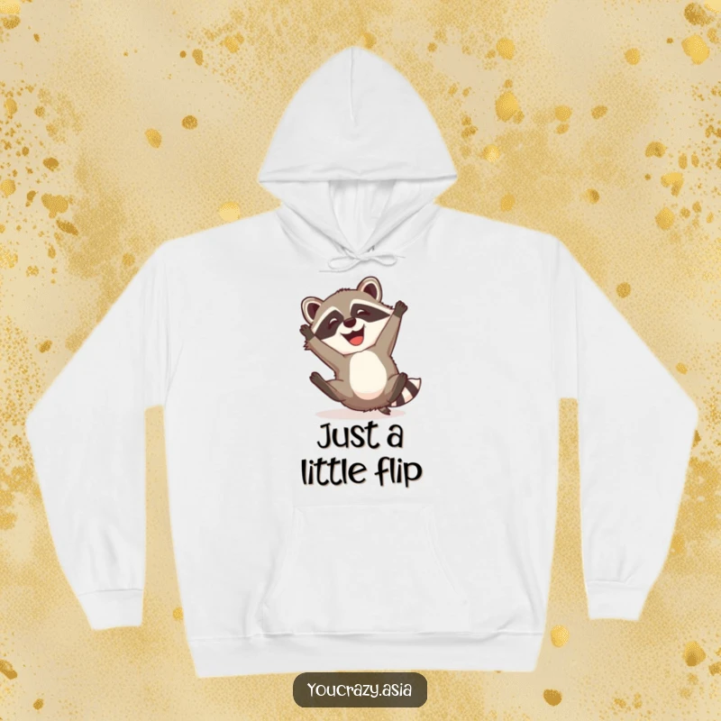 Funny Raccoon Dog Hoodie: A mischievous raccoon dog with a happy grin attempts a somersault, offering cozy comfort and humorous charm.