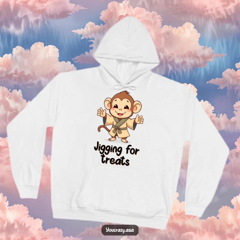 Funny hoodie featuring a cheerful monkey in a small robe, happily doing a fun little jig.