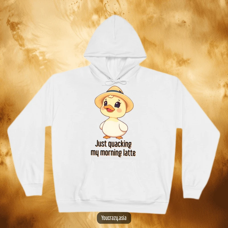 Funny hoodie displaying a curious duck adorned with a small straw hat, gazing upwards in an endearing, humorous pose.