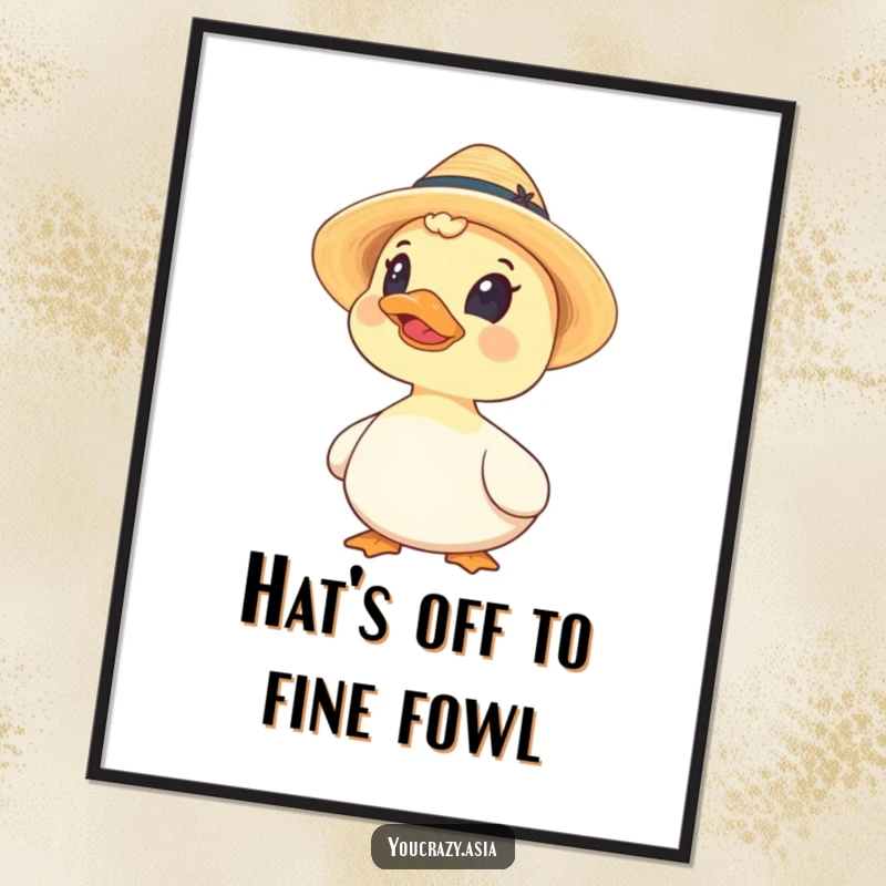 Funny Free Printable Wall Art of a curious duck wearing a tiny straw hat, looking up, a charming and downloadable DIY piece.