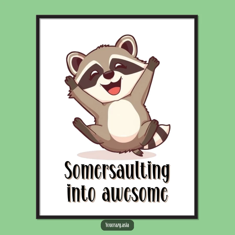 Free Printable Wall Art: Funny Raccoon Dog Somersaulting - Goofy Downloadable Decor