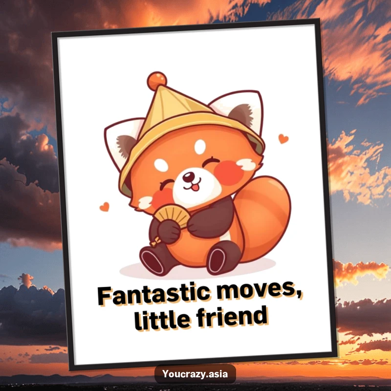 Funny Free Printable Wall Art: Playful red panda in a conical hat tumbling energetically with a tiny fan.