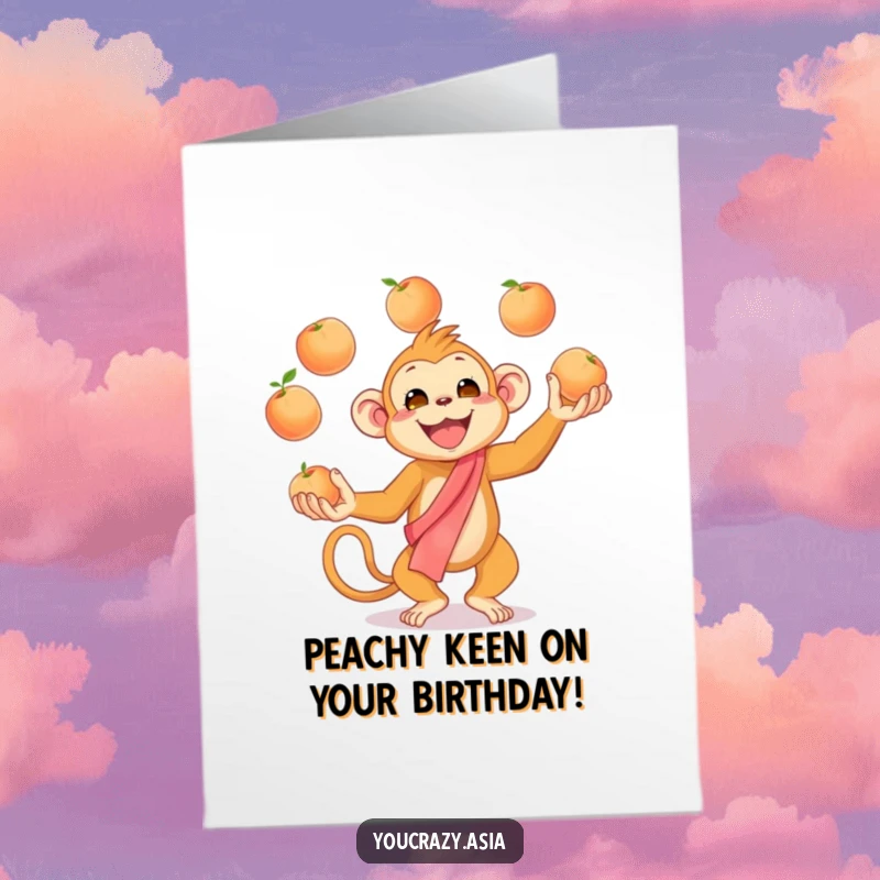 Funny Free Printable Happy Birthday Card: Cheerful golden monkey in silk sash enthusiastically juggling peaches.