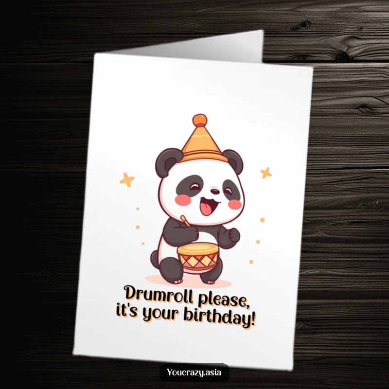 Funny Free Printable Birthday Card: A cute panda in a hat joyfully drums, a festive and downloadable greeting.