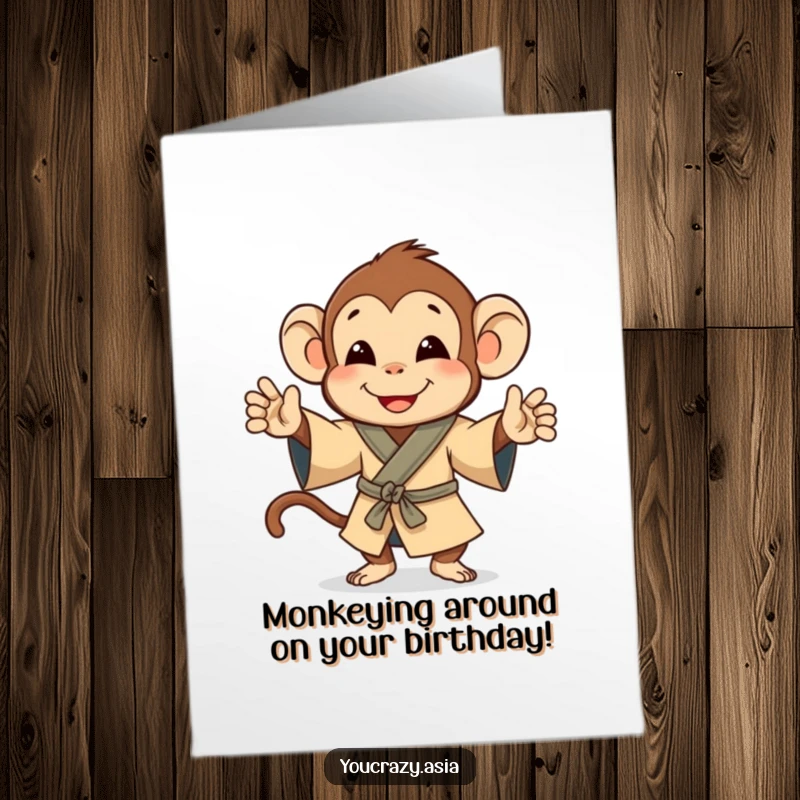 Funny Free Printable Birthday Card: A monkey in a robe happily jigs, a playful and downloadable birthday greeting.