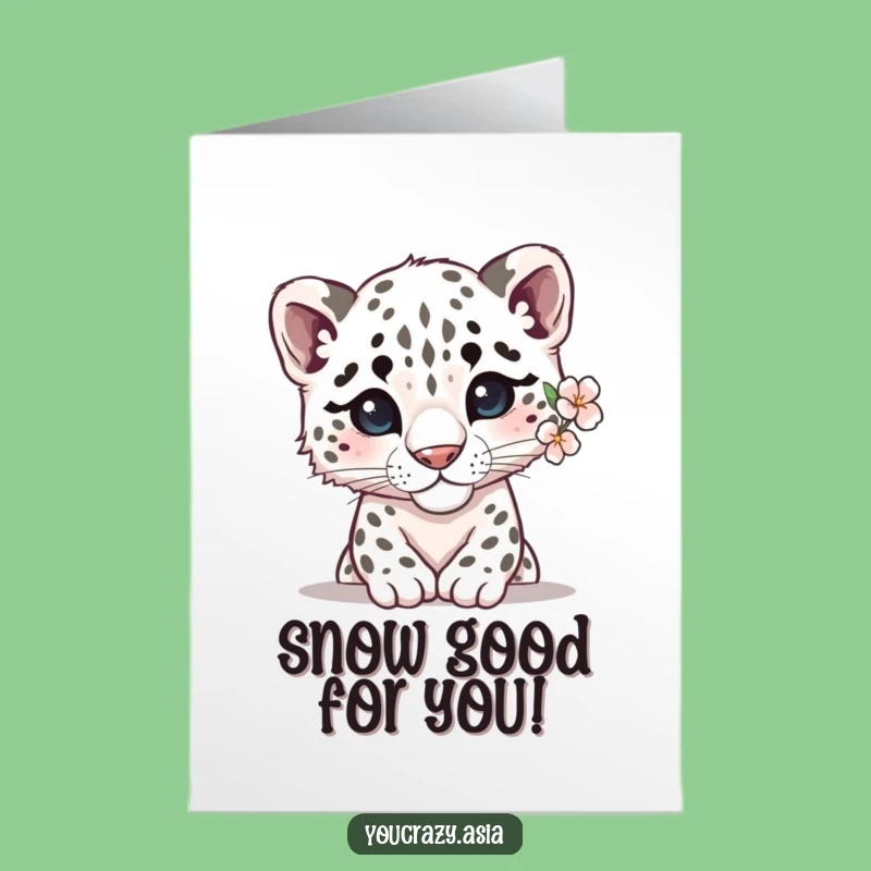 Free Printable Birthday Card: Shy Snow Leopard Flower Design, Downloadable Gift
