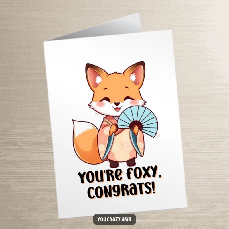 Funny Free Printable Congrats Card: A fox in a kimono holds a fan, a chic and downloadable message of achievement.