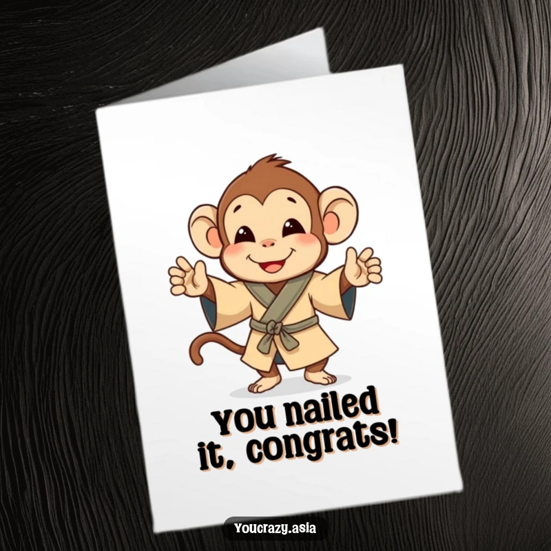 Funny Free Printable Congrats Card: A monkey in a robe dances happily, a humorous and downloadable message of triumph.