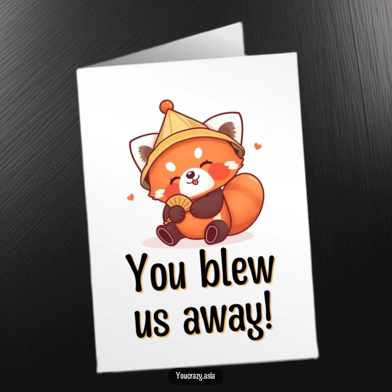 Funny Free Printable Congratulations Card: Playful red panda in conical hat doing a triumphant tumble with a fan.