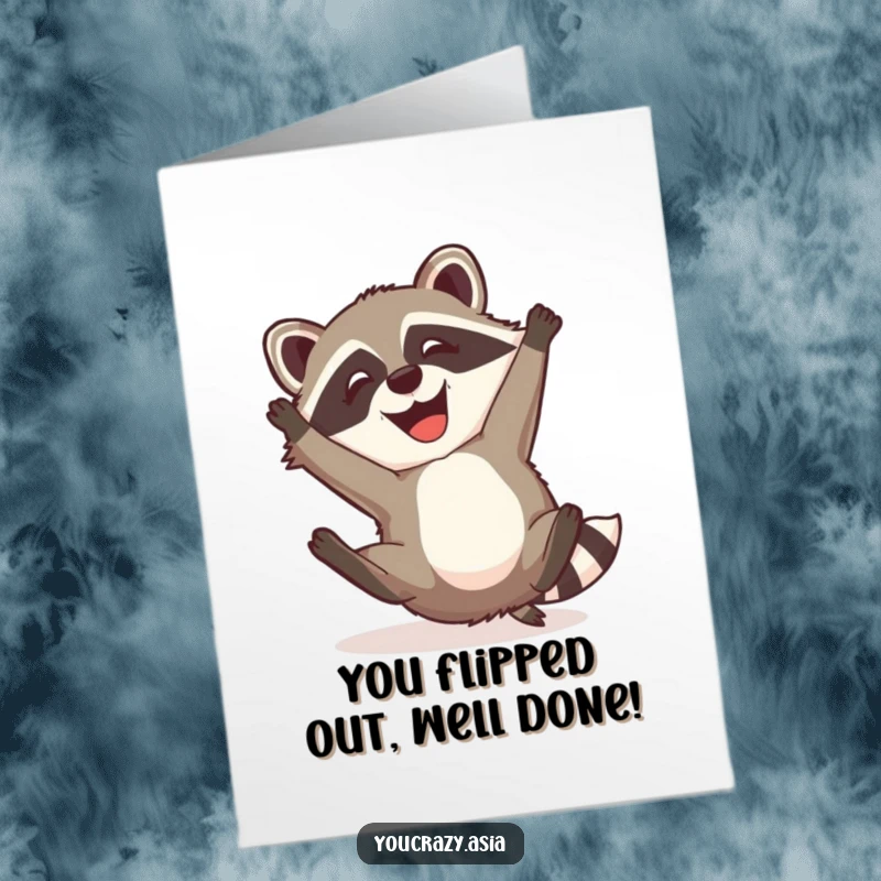 Funny Free Printable Congratulations Card: Mischievous raccoon dog with a happy grin executing a somersault.