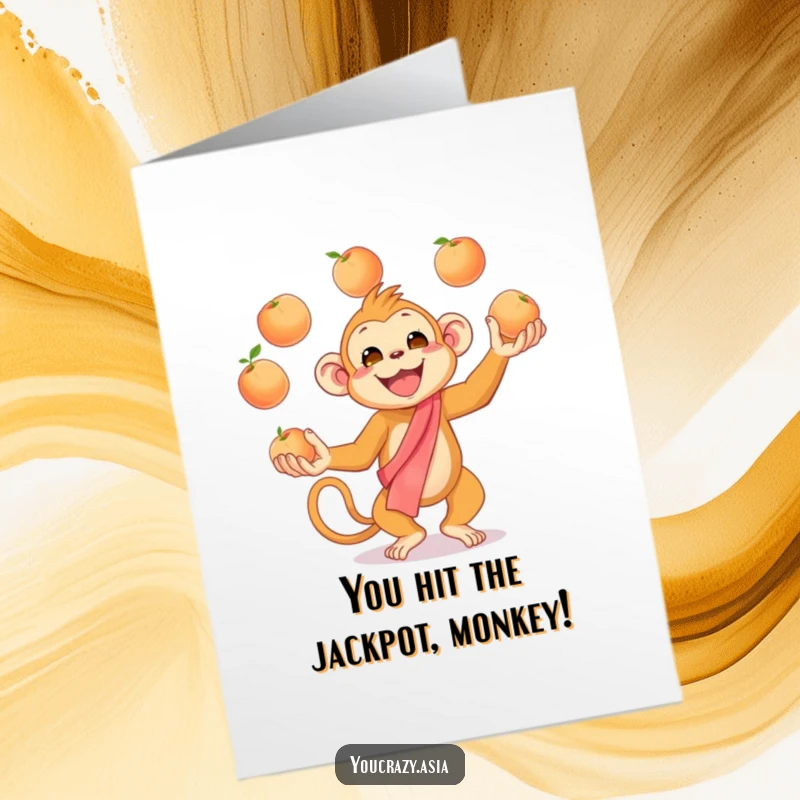 Funny Free Printable Congratulations Card: Cheerful golden monkey in silk sash juggling peaches in celebration.