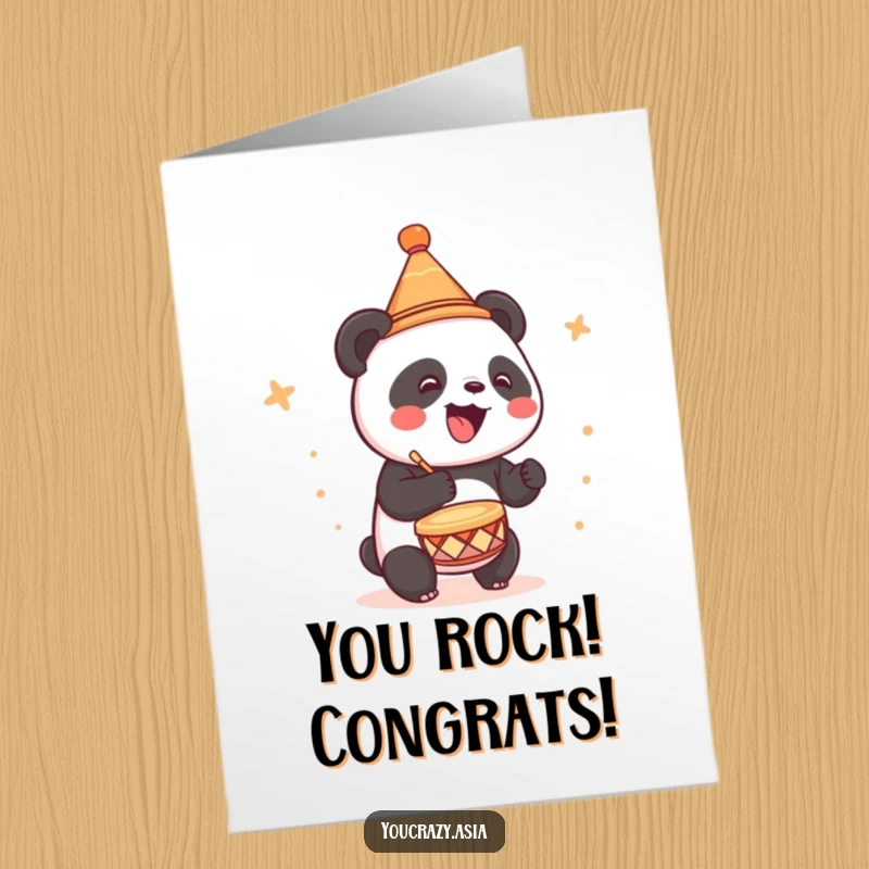 Funny Free Printable Congrats Card: A panda in a hat drums happily, a joyful and downloadable message of success.