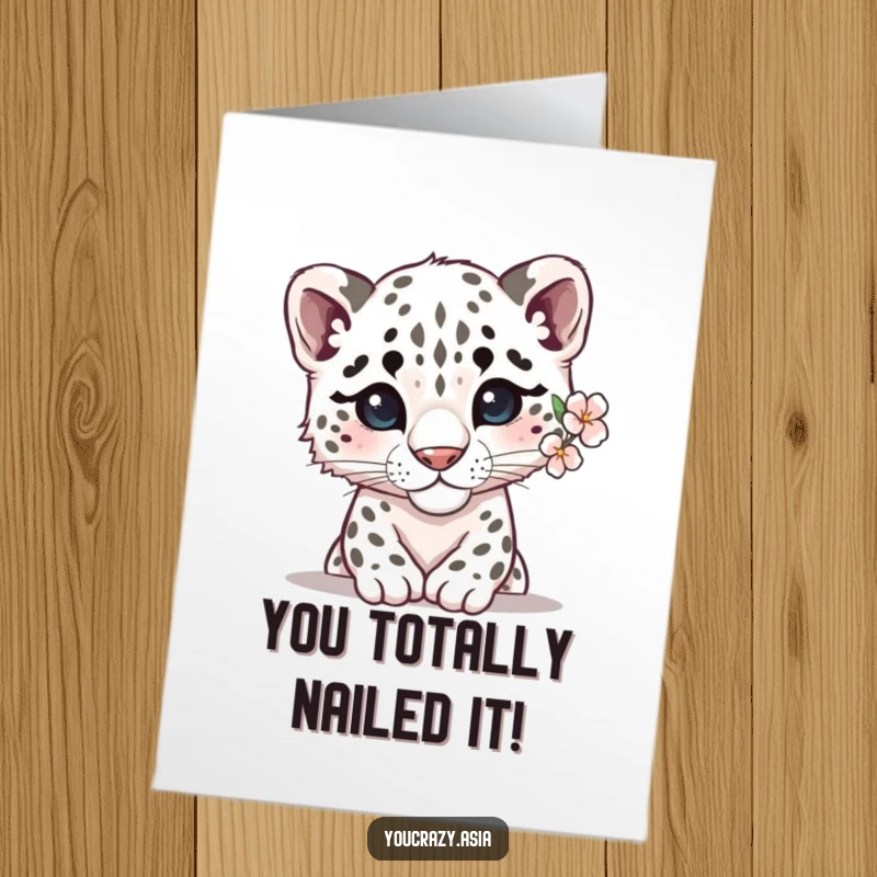 Funny Free Printable Congratulations Card: Shy snow leopard with flower, subtle celebration acknowledged.