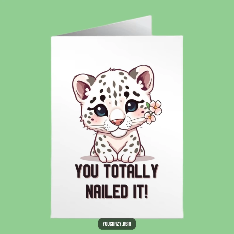 Free Printable Congrats Card: Shy Snow Leopard Flower Design, Downloadable Gift
