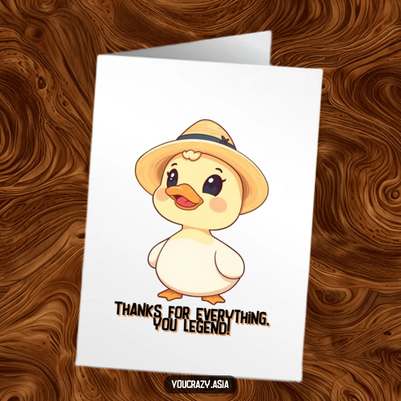 Funny Free Printable Thank You Card with a curious duck wearing a tiny straw hat, a sweet and downloadable DIY gift.