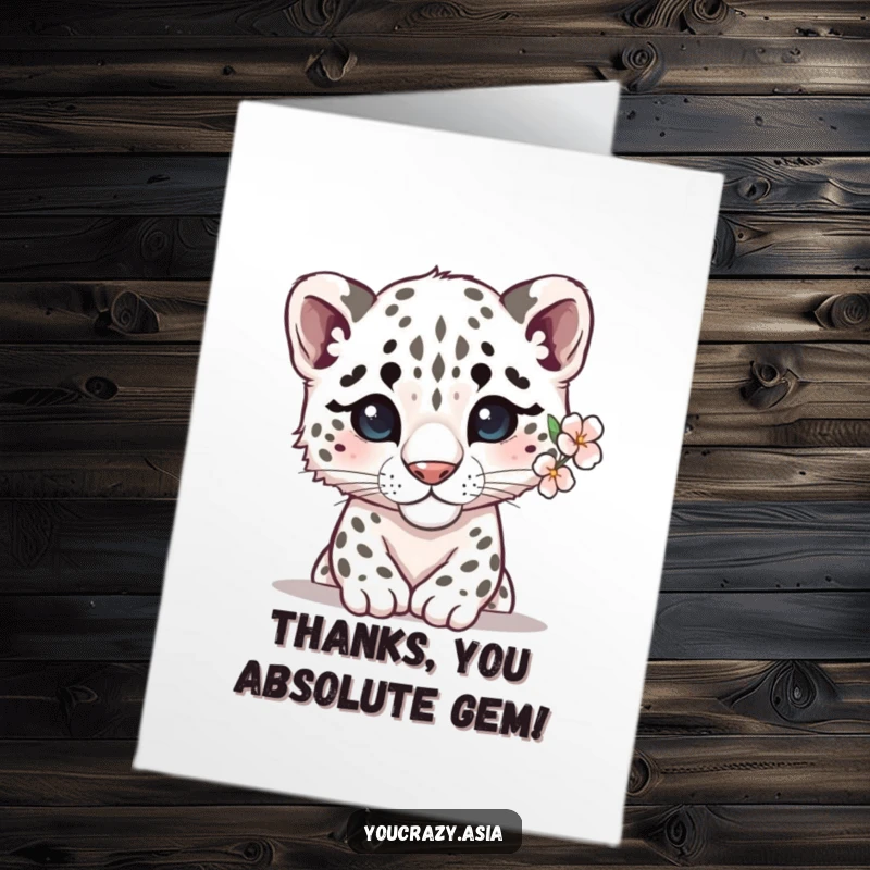 Funny Free Printable Thank You Card: Shy snow leopard with flower behind ear, heartfelt thanks conveyed.